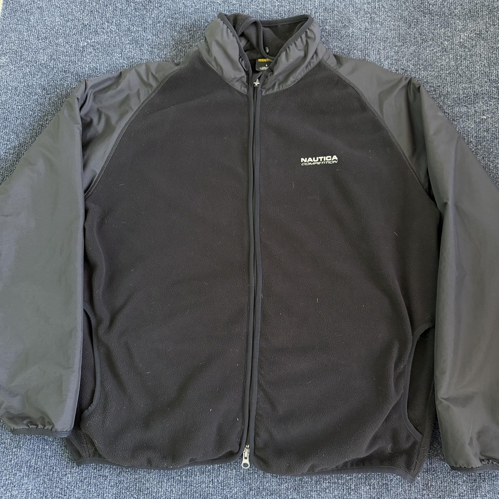 Y2K Nautica Competition Jacket Mens Large Black Fleece Zip Outdoor Windbreaker